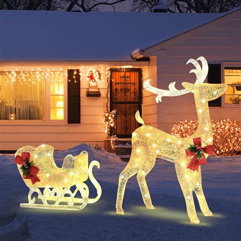 COSTWAY Light Up Reindeer Sleigh Garden Christmas Figure Decorations