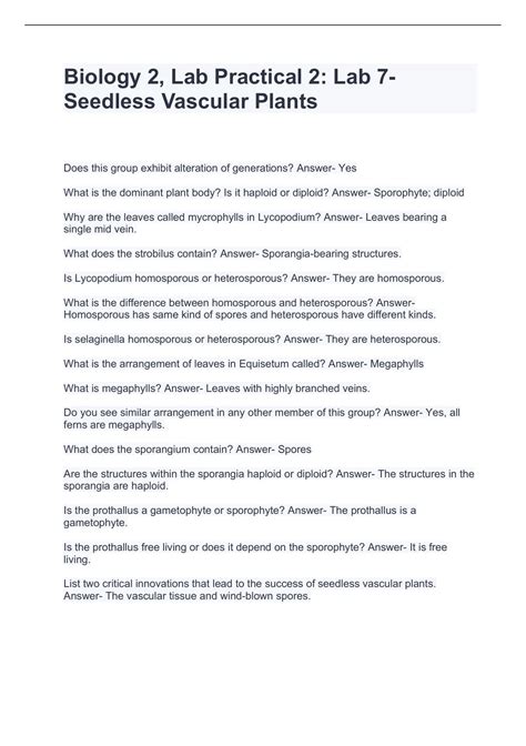 Biology Lab Practical Lab Seedless Vascular Plants Questions