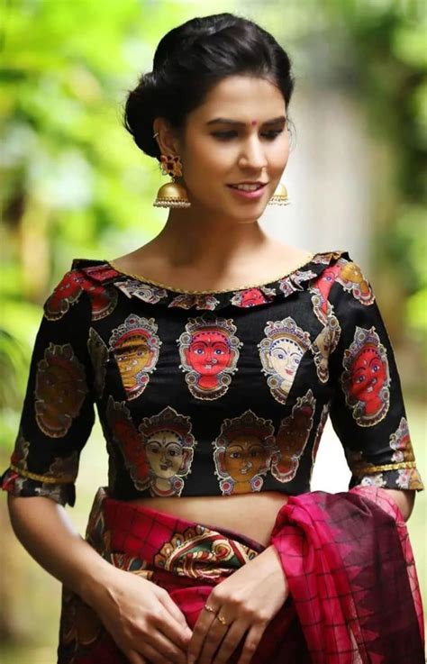 Wedding Blouse Designs Black Boat Neck Blouse With Artistic Face Kind Print Unique Blouse