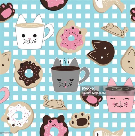 Kawaii Cat Cafe Bertema Pola Vektor Mulus Ilustrasi Stok Unduh Gambar