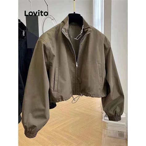 Lovito Women Casual Plain Pocket Drawstring Zipper Jacket LNA35021