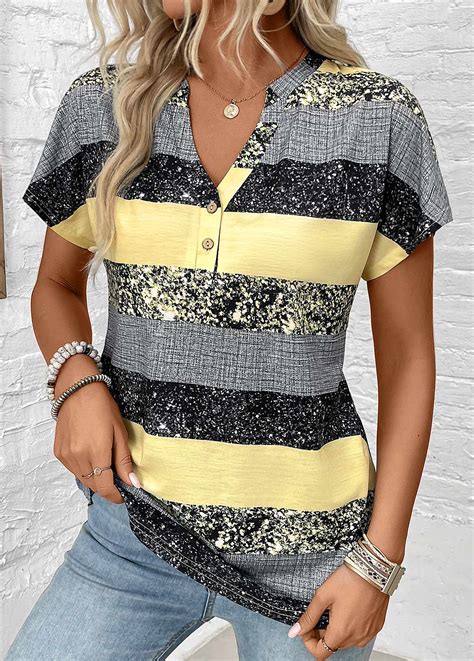 Rotita Button Striped Light Yellow Split Neck Short Sleeve Blouse