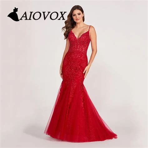 Aiovox V Neck Mermaid Prom Dress Exquisite Lace Appliques Beaded