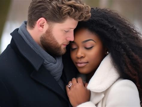 Loving Interracial Couple Is Enjoying A Romantic Winter Day Premium Ai Generated Image