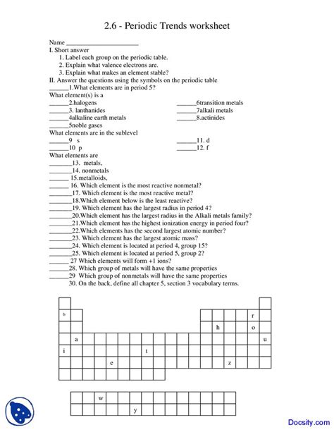 Periodic Properties Worksheet Answers