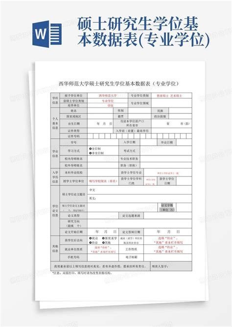 硕士研究生学位基本数据表 专业学位 Word模板下载 编号lnmdbkoo 熊猫办公