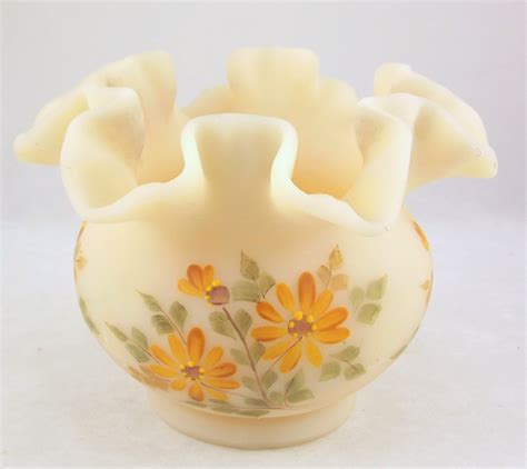 Vintage Fenton Satin Custard Glass Ruffled Vase Bowl Artist Signed Fenton