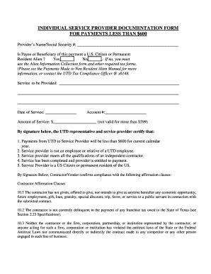 Fillable Online Utdallas Individual Service Provider Documentation Form