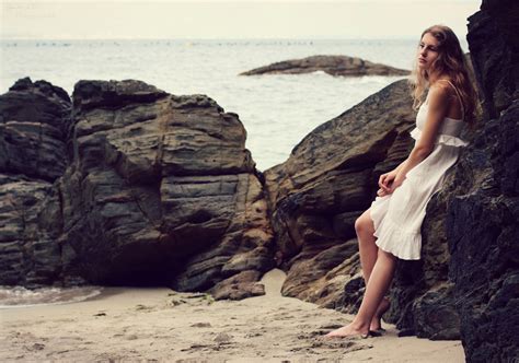 Wallpaper Model Portrait Sea Long Hair Rock Shore Sand Sky