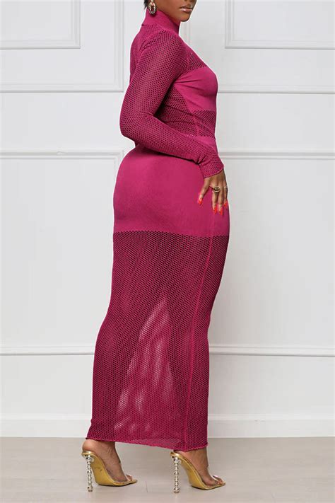 Wholesale Rose Red Sexy Solid Patchwork See Through Half A Turtleneck One Step Skirt Dresses