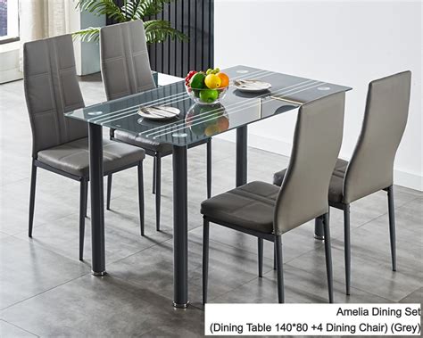 Ofix Amelia Dining Set Dining Table 140 80 4 Dining Chair Tempered Glass Grey White Black