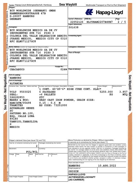 Hapag Lloyd Aktiengesellschaft Hamburg Multimodal Transport Or Port To