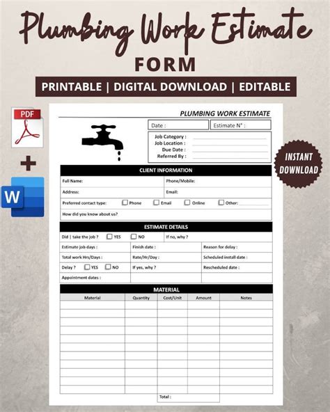 Plumbing Estimate Form Plumbing Estimating Sheets Printable Job Estimate Quote Template