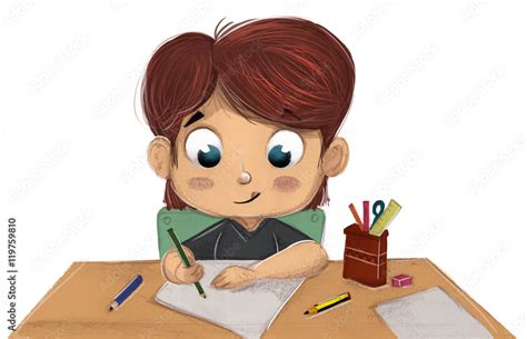 Niño escribiendo con fondo blanco Stock Illustration Adobe Stock