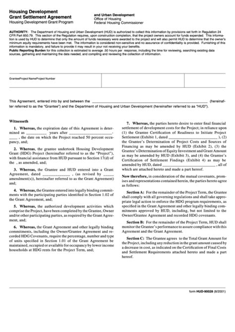 Fillable Form Hud 90028 Housing Development Grant Settlement Agreement