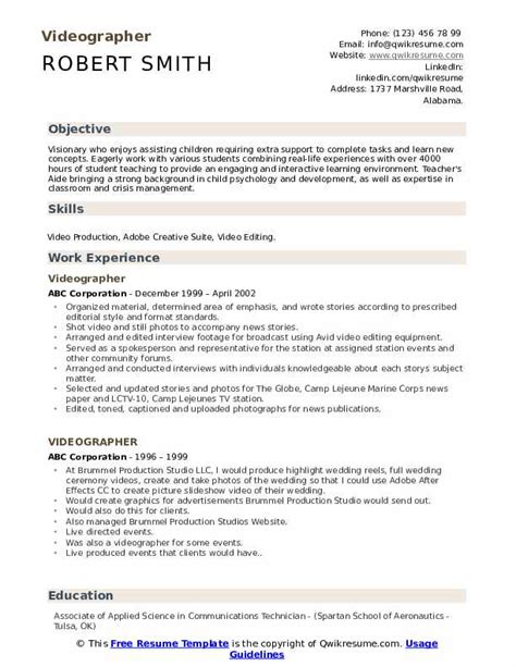 Videographer Resume Samples Qwikresume