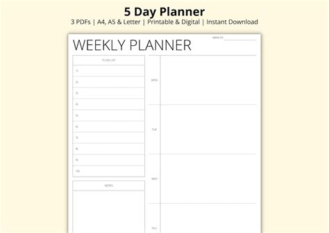 5 Day Planner, Weekly Planner Template, Week at a Glance, Weekly ...