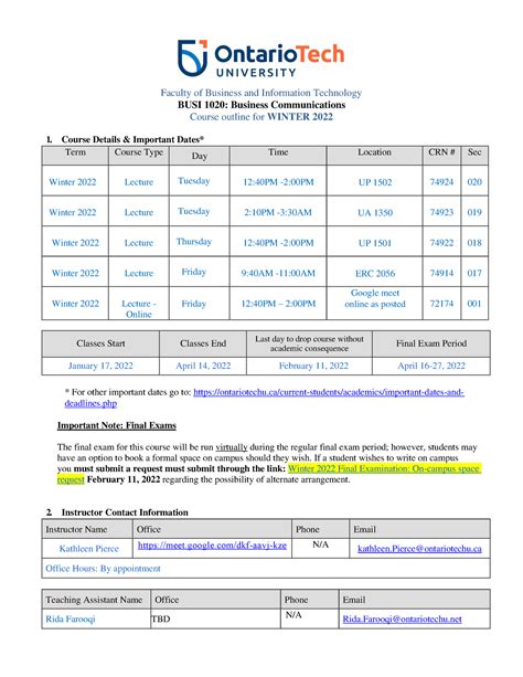 BUSI 1020 Course Outline Winter Faculty Of Business And Information