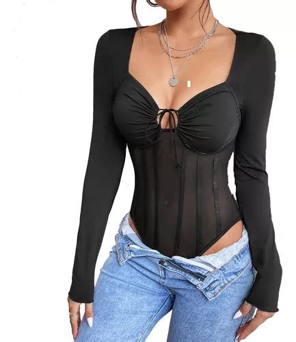 Blusa Body Corselet Corset Balada Fiesta Malla Manga Larga Envío gratis