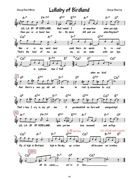 Lullaby Of Birdland Lead Sheet With Lyrics Sheet Music For Piano