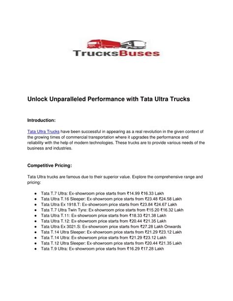 Ppt Unlock Unparalleled Performance With Tata Ultra Trucks Powerpoint