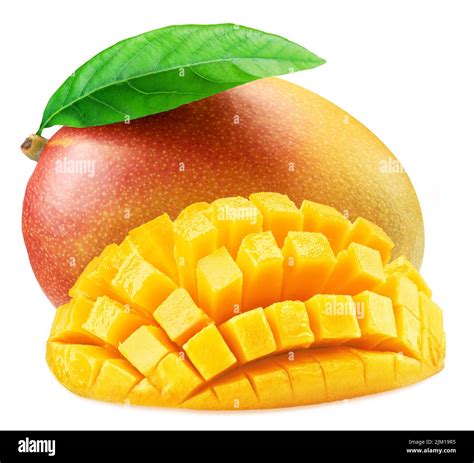 Mango Fruit With Green Leaf And Mango Cut In Hedgehog Style Isolated On