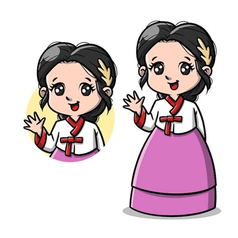 Premium Vector Cute Korean Girl With Hanbok Cartoon