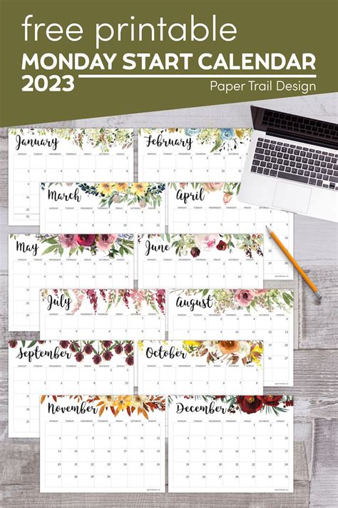 2023 Monday Start Floral Calendar Paper Trail Design Free Printable