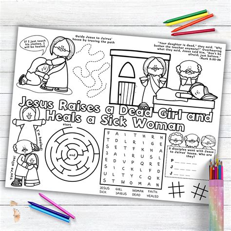 Jesus Raises a Dead Girl, Heals Sick Woman Activity Placemat, Bible