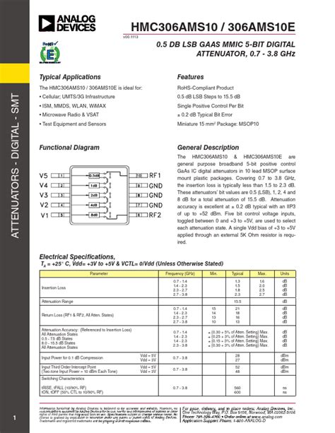 Hmc Ams Datasheet Pdf Db Lsb Gaas Mmic Bit Digital Attenuator