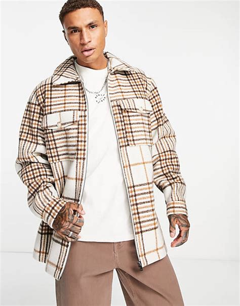 Asos Design Oversized Spliced Wool Look Shacket In Brown Check Asos