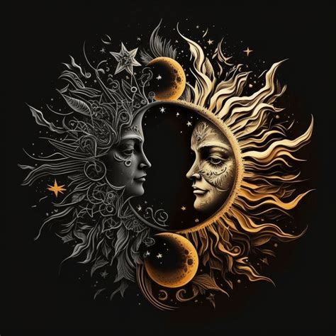 Two Sun And Moon Faces With Stars In The Sky Above Them On A Black