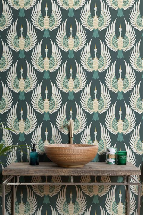 Green Art Deco Crane Bird Pattern Wallpaper Hovia Hovia