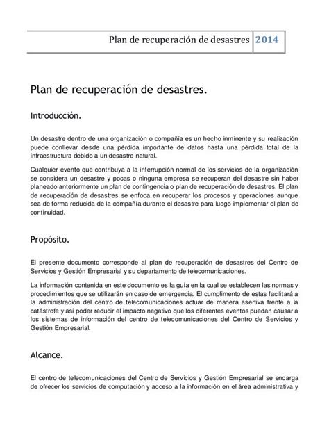 Plan De Recuperacion De Desastres