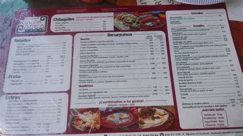 Carta de Restaurant Rincón Azteca Durango Calle 5 de Febrero 1117