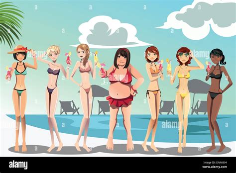 A Vector Illustration Of A Large Woman And Skinny Women In Bikini Stock