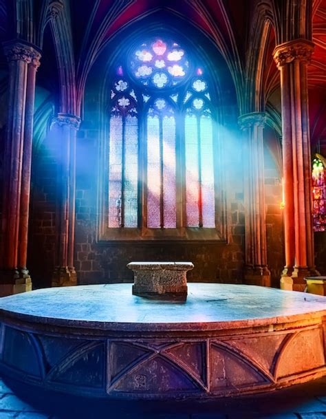 Stone Altar In A Gothic Cathedral With Stained Glass Window And Light