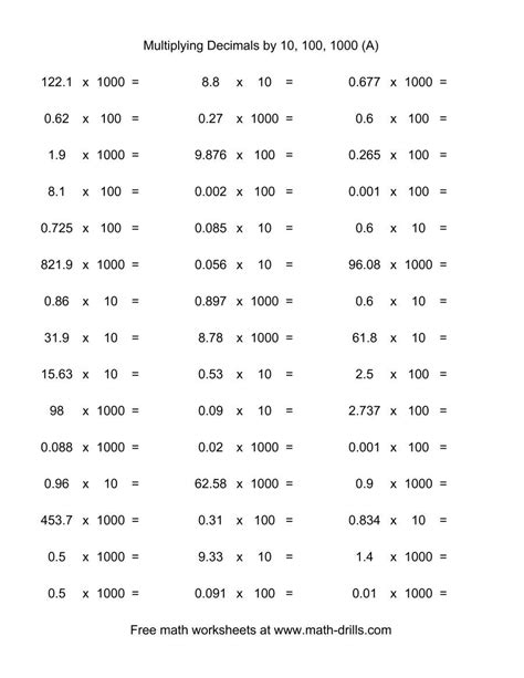 Multiplying By 10 100 1000 Worksheets