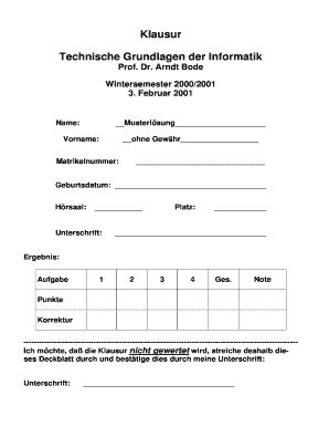 Klausur Deckblatt Online Ausf Llen Ausdrucken Ausf Llbar Leer