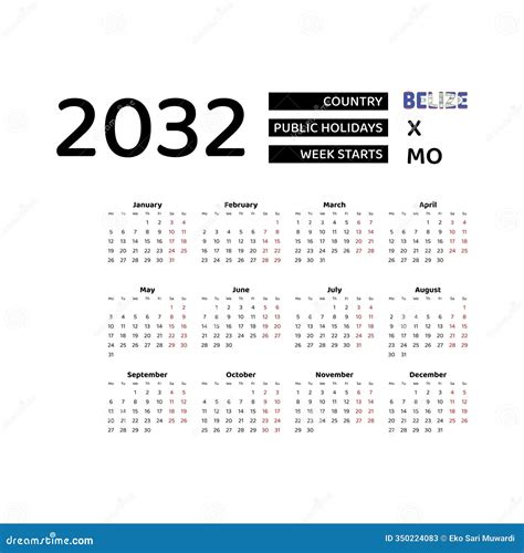 Calendar 2032 English Language with Belize Public Holidays. Week Starts