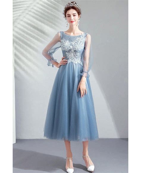 Pretty Dusty Blue Tea Length Party Dress With Long Sleeves Lace ...