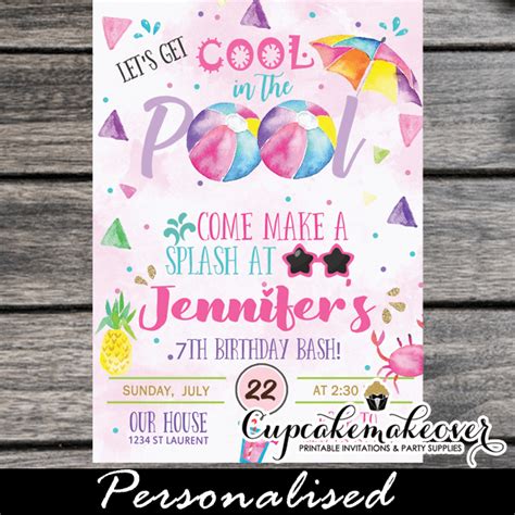 Cool Pool Party Invitations Girls Summer Water Bash Cupcakemakeover