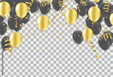 Gold And Black Balloons Vector Illustration Confetti And Ribbons