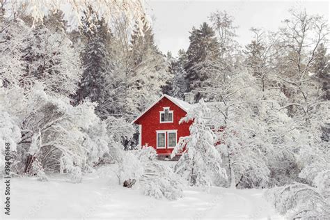 Beautiful Red Wooden House In Snow Fairy Forest Sweden House Painted