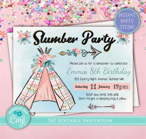 Glamping Invitation Slumber Tent Party Invitation Slumber Invite Girl