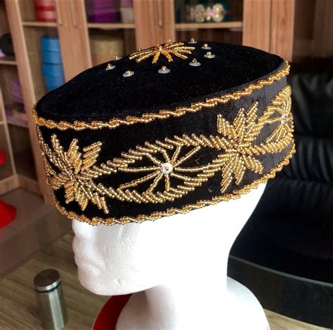 Black Beaded African Mens Cap Velvet Caps For Men Igbo Wedding Hat