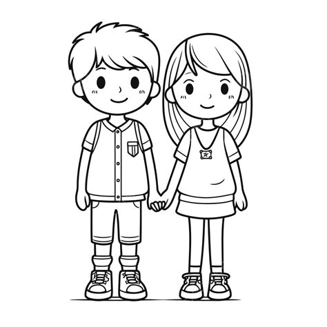 Boy And Girl Holding Hands Coloring Pages Outline Sketch Drawing Vector