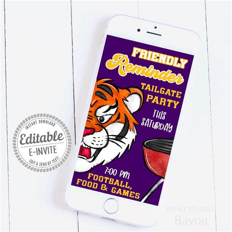 Printable Tailgate Party Invitation Tiger Themed Tailgate Invite Kick