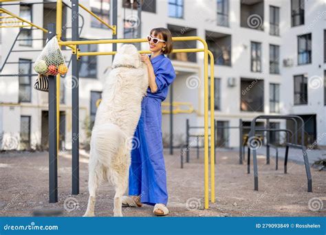 Mujer Con Su Perro Jugando Al Aire Libre Imagen De Archivo Imagen De