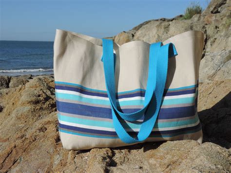 Sac De Plage Xxl Beige Rayures Bleus Sacs Bandoulière Par Happyaime